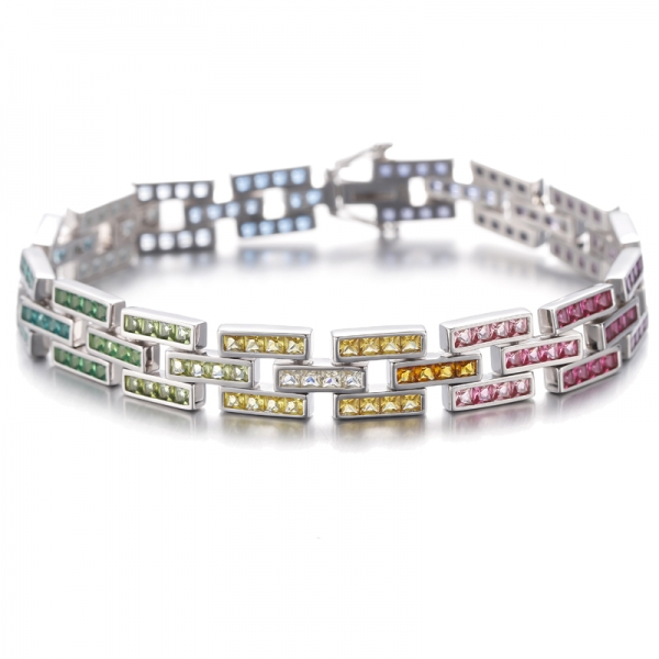 Square Rainbow Cubic Zircon Rhodium Silver Bracelet 