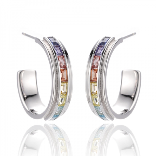 Baguette Rainbow Cubic Zircon Rhodium Silver Earring 
