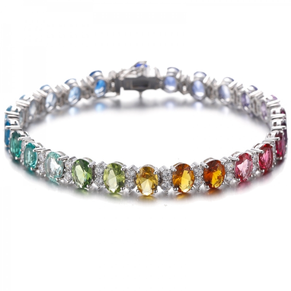 Oval Shape Rainbow And Round White Cubic Zircon Rhodium Silver Bracelet 