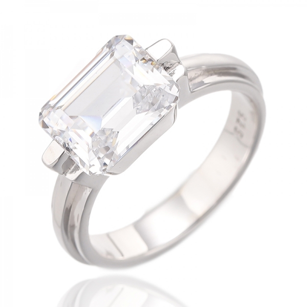 Emerald Cut Grey Cubic Zircon Rhodium Silver Ring 