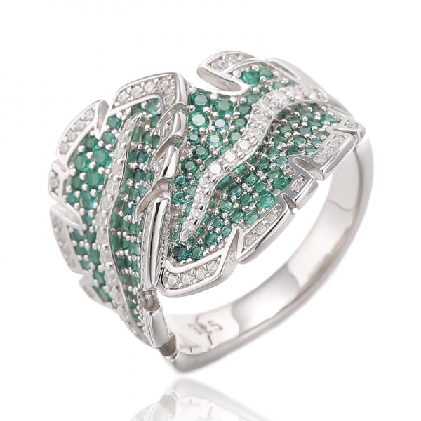 925 Round Green Nano And White Cubic Zircon Rhodium Silver Ring 