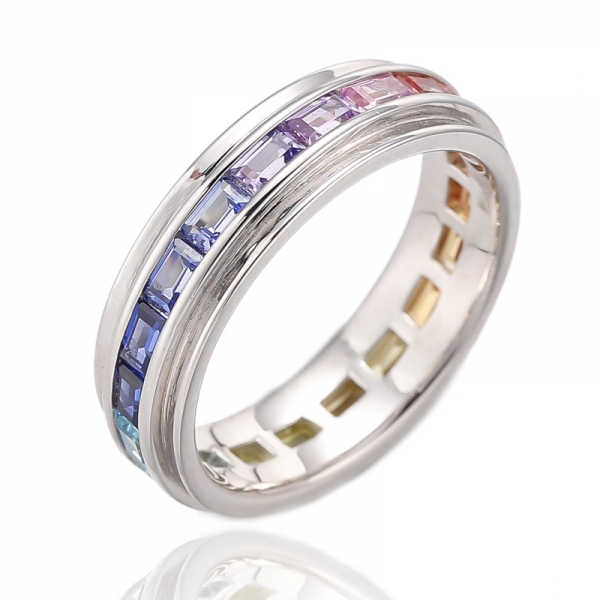 Baguette Rainbow Cubic Zircon Rhodium Silver Eternity Ring 