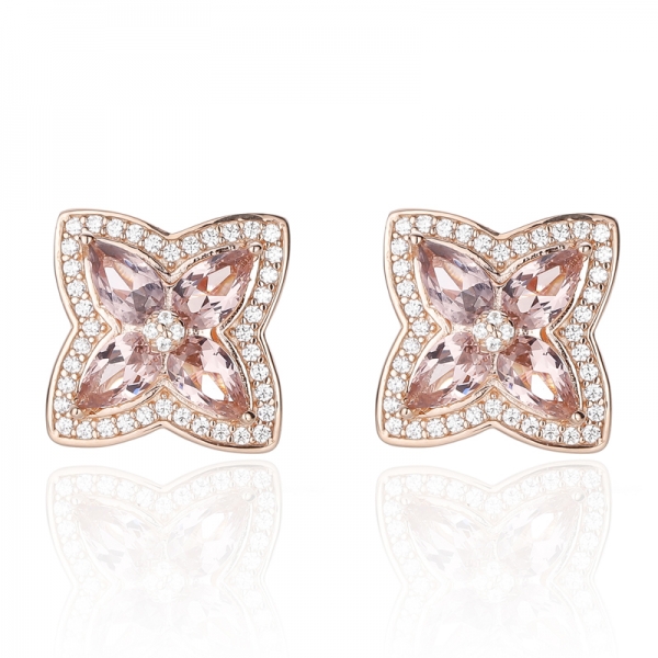925 Pear Shape Morganite Nano And Round White Cubic Zircon Silver Earring With Rose Glod Plating 